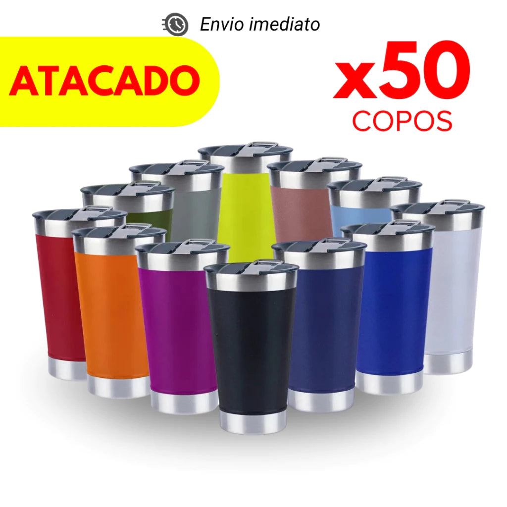 Kit 50 Copo Térmico 473ml Com Tampa e Abridor de Garrafas Copo Inox Atacado
