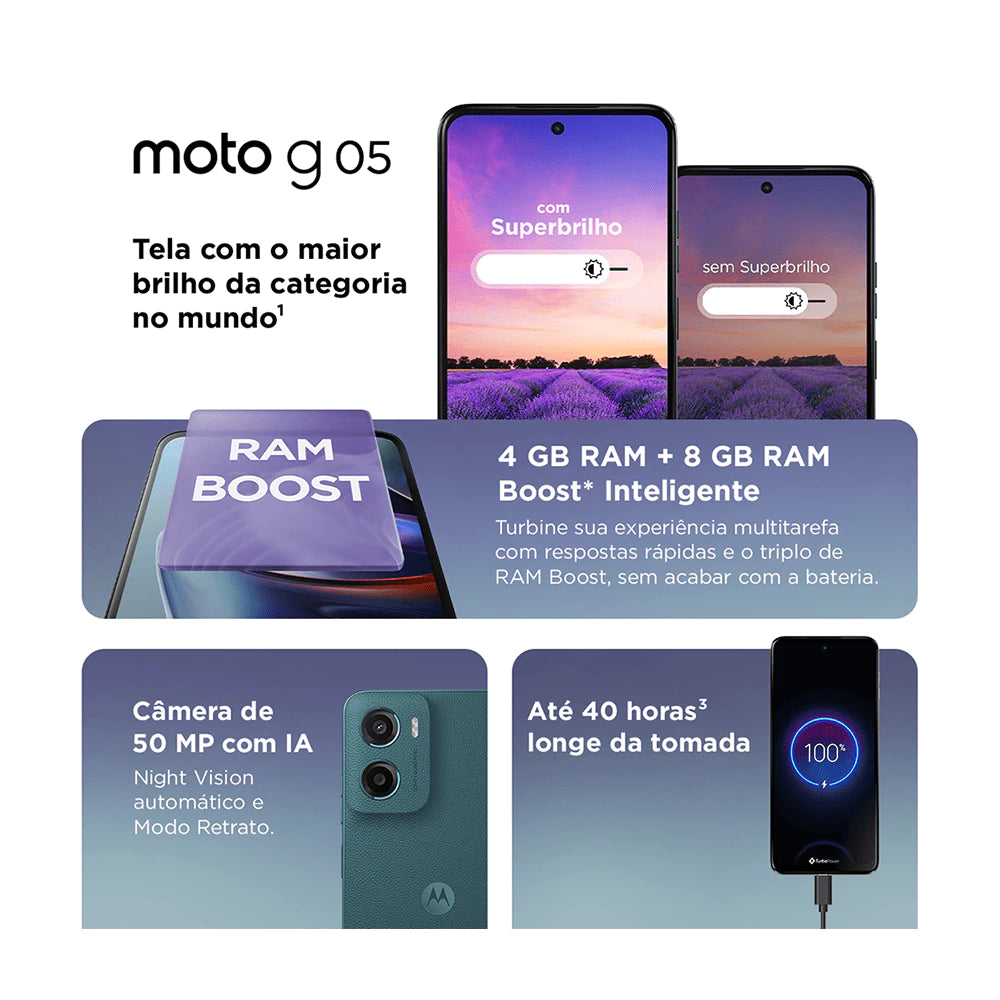 Smartphone Motorola Moto G05 256GB, 4G LTE, 12GB RAM Boost*, Camera 50MP, AI, Tela 6.7" - Verde